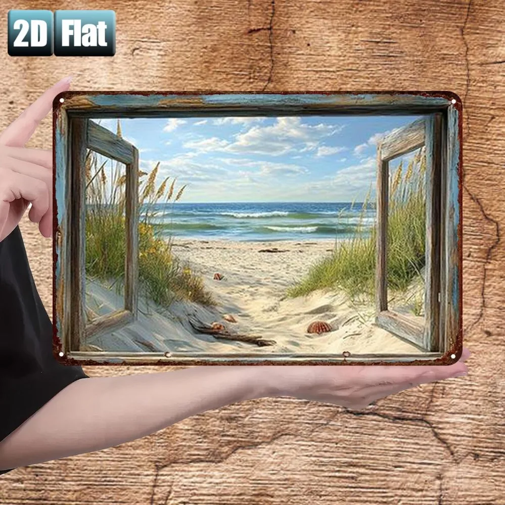 금속 주석 벽 장식 8x12인치 해변 풍경 창가 풍경 그림, 방 및 레스토랑 장