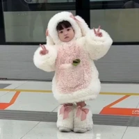 Costume de Cosplay lapin en peluche pour enfants, ensembles chauds d'hiver pour enfants, haut, pantalon, chapeau, Costume pour filles, tenues de fête d'halloween, cadeau 3