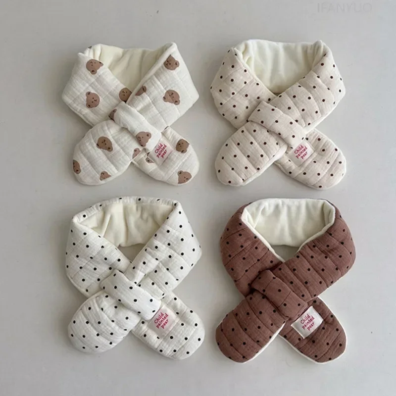 Children Cute Versatile Warm Scarves Winter Korean Plush Windproof Neckerchief Boy Girl Kid Cartoon Bear Dot Scarf Baby Clothing