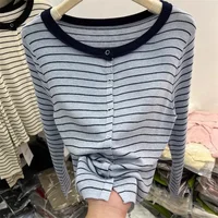 2025 Autumn Winter New Stripes Cardigan Contrast Color Single Breasted Slim Full Sleeve Sweater Female Casual Knitting Sweaters