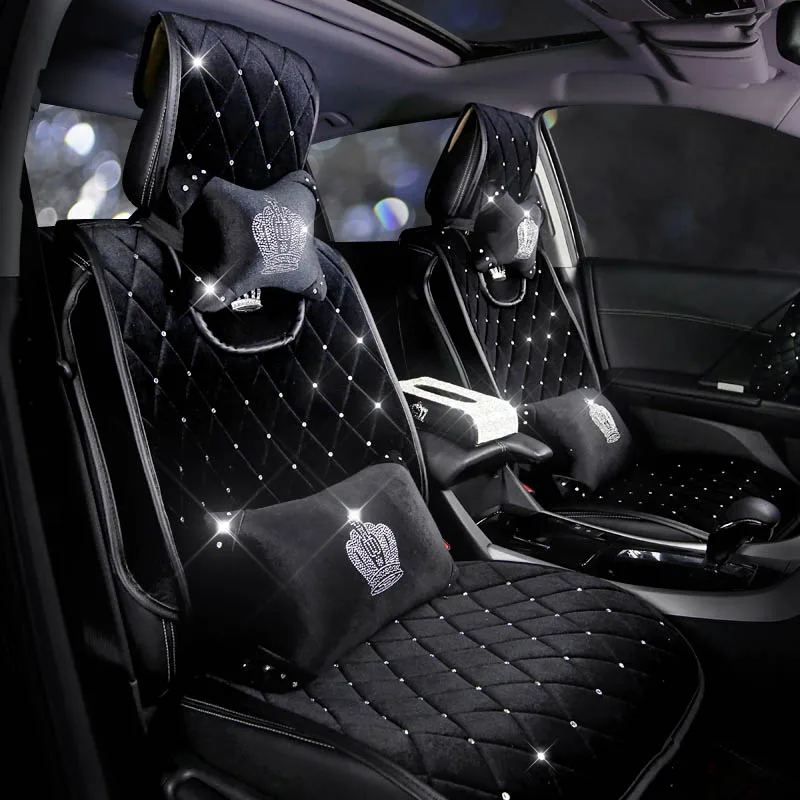 

Full Diamond Rhinestone Car Seat Covers Universal Sets Winter Plush Fur Auto Seat Cushion Crystal Interior Accessories