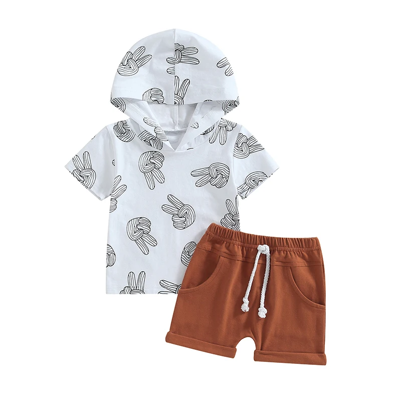 Infant Boys Summer Outfits Finger Print Short Sleeve Hooded Tops and Elastic Waist Shorts 2Pcs Clothes Set