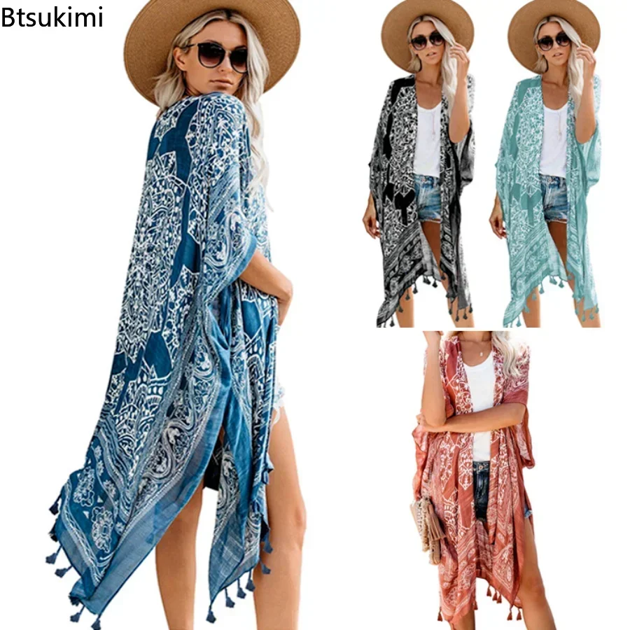 New 2026 Sexy Bikini Cover-ups Boho Printed Fringed Long Kimono Carfigan Tunic Women Plus Size Beach Wear Swim Suit Cover Up 1