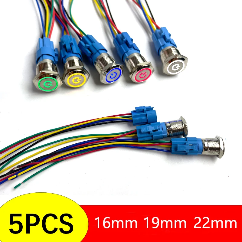 Metal Botão Interruptor Anel Símbolo de Energia da Lâmpada Luz Led Impermeável Auto-bloqueio Reconjunto com Conector 220 12v 16 mm 19 mm 22 mm Pcs