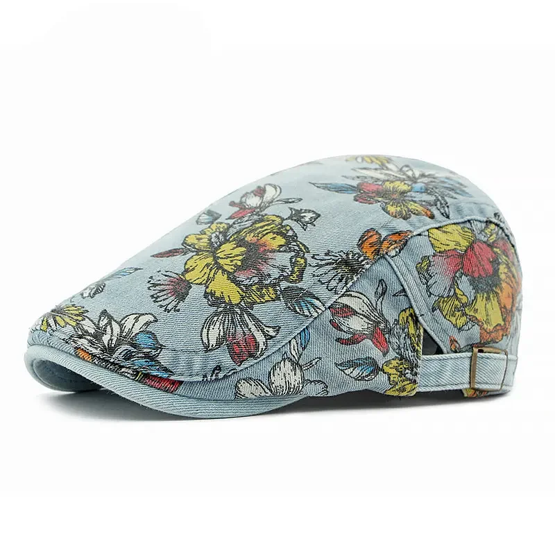 Newsboy Cap Four Seasons Cotton Flower Print Newsboy Caps Flat Peaked Cap Men and Women Painter Beret Hats 163