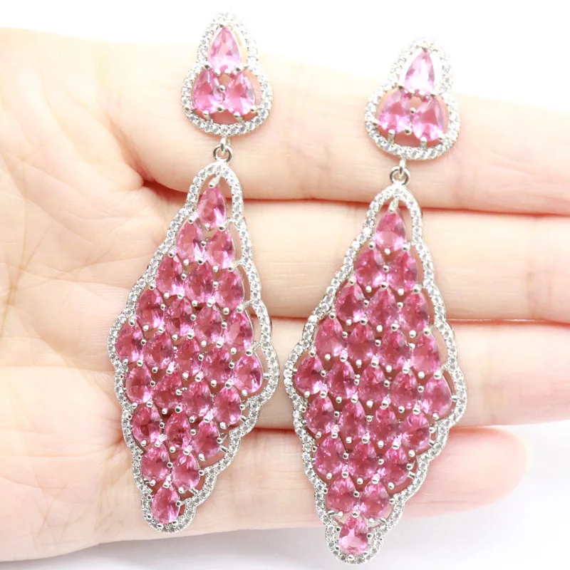 

73x25mm Stunning Long Big Heavy 15.9g Green Emerald Pink Tourmaline White CZ Women Wedding Silver Earrings