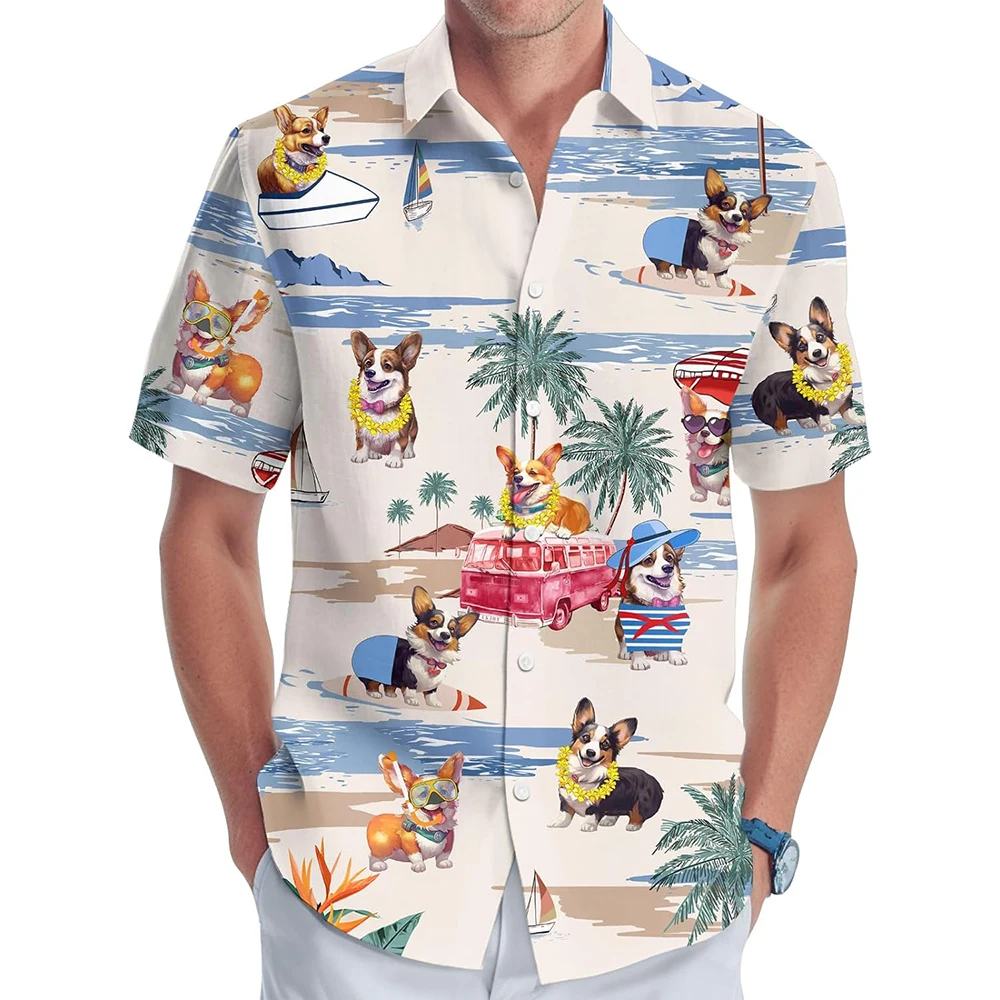 

Summer Lovely Dog Print Hawaiian Shirt For Men Breathable Casual Short Sleeve Holiday Beach Shirts Loose Lapel Button Up Shirts