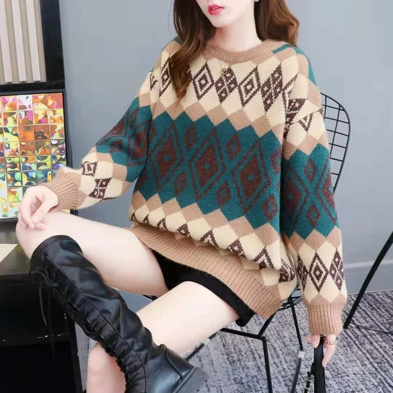 

Knitted Cashmere Sweaters Women Casual Pullover Argyle Sweater Winter College Style Loose Top Woman Jumper Sueter De Mujer 2023