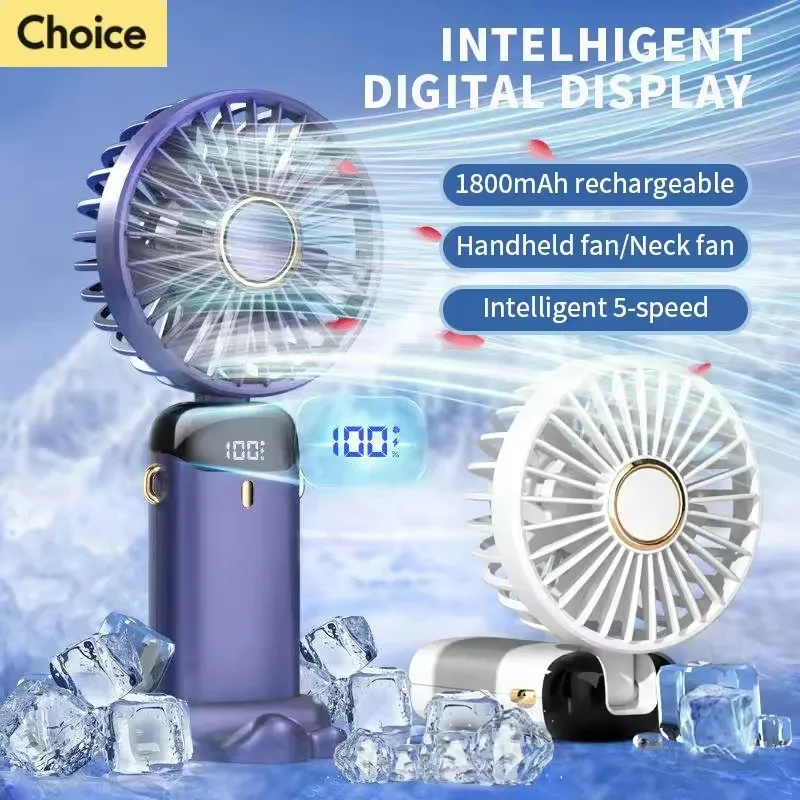 USB Handheld Mini Neck Fan Rechargeable Foldable Portable Hanging Screen 5 Speed With Phone Stand and Display Ac Conditioner