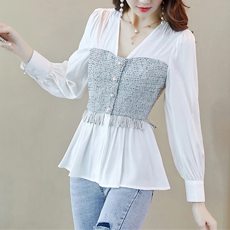 Women Ruffle Tassels Patchwork Beaded Button Design Chic Shirts 2023 Autumn Fashion V Neck Slim Elegant Blouses Long Sleeve Tops
