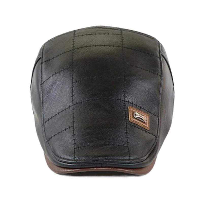 Vintage Men Beret Hat Leather Flat Cap Adjustable