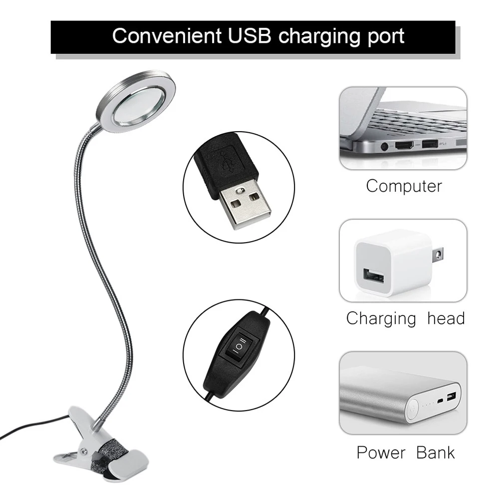 LED 책상 램프 클립 조명 돋보기 클램프 램프 눈 보호 테이블 램프, 독서 문신 컴퓨터 및 메이크업 라이트