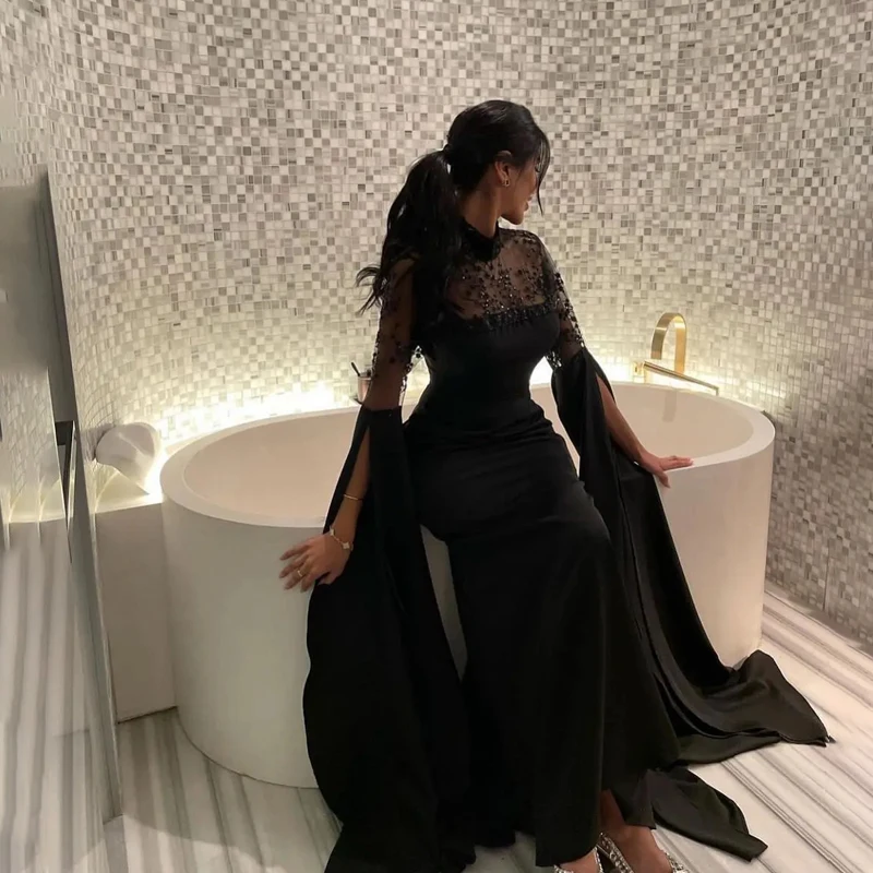 

High Neck Beads Evening Dress 2024 for Women Sexy Mermaid Floor-Length Prom Gowns with Batwing Sleeve Saudi Arab robes de soiré