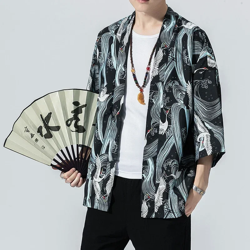 Kimono Haori bordado de grulla para hombre y mujer, chaqueta de estilo japonés Harajuku, talla grande, disfraz de samurái Yukata, ropa asiática