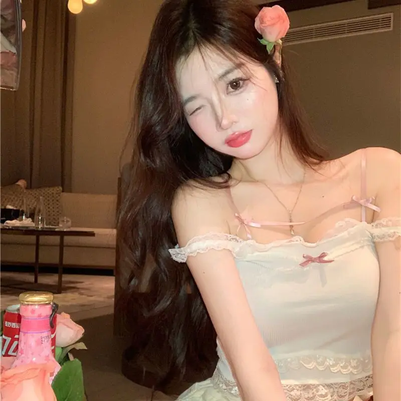 Women's Kawaii Lolita Crop Top Pink & White Bow Lace Trim Coquette Princess Bralette Y2K Asian-French Style Adjustable Summer