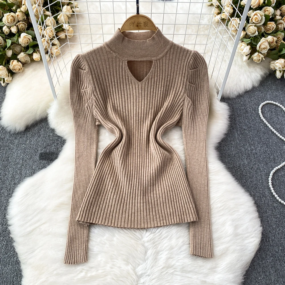 

Autumn and Winter New Korean Design Hollow Half-high Collar Puff Long-sleeved Sweater Women's Slim Long-sleeved Bottoming Top