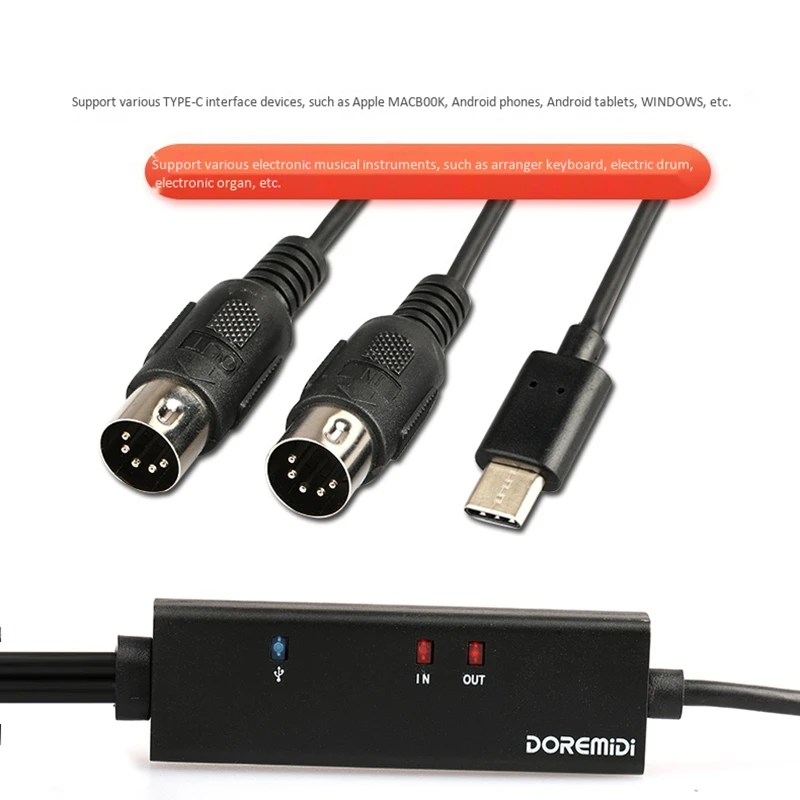 MIDI USB Cable DOREMiDi MTU-11 MIDI to USB C Type C Converter with Indicator Light For MacBook Android