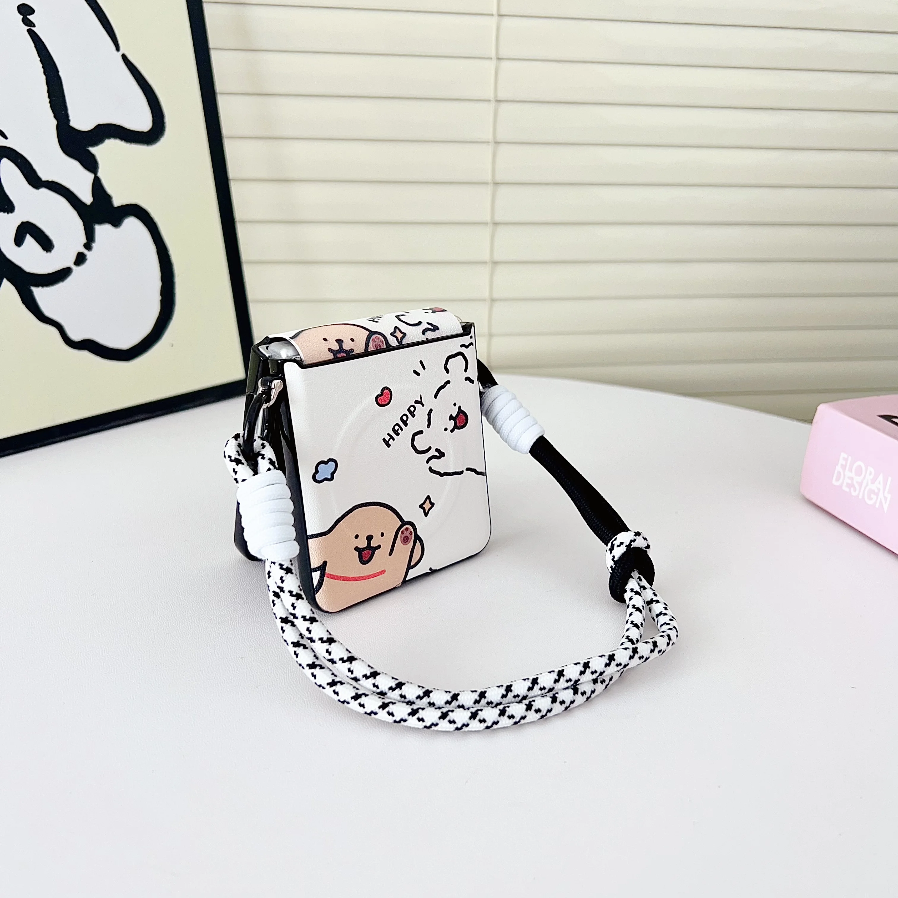 Magnetic Bracket Leather Cartoon Phone Case with Protective Lanyard Cover