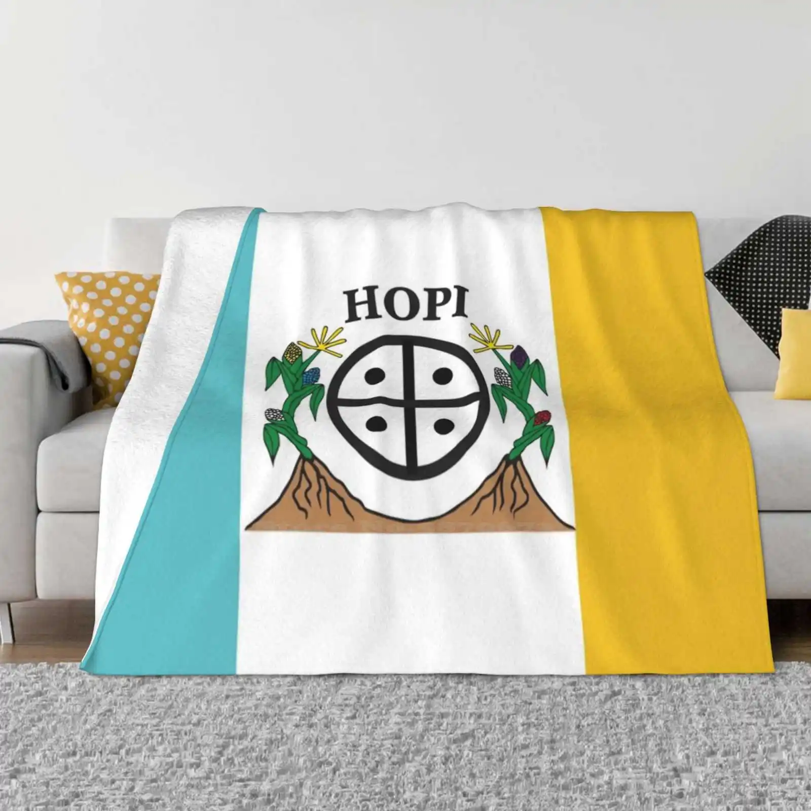 Hopi Nation Flag Naatoyla Tricolour White Yellow Turquoise With Corn And Hopi Symbol Hd High Quality All Sizes Soft Cover