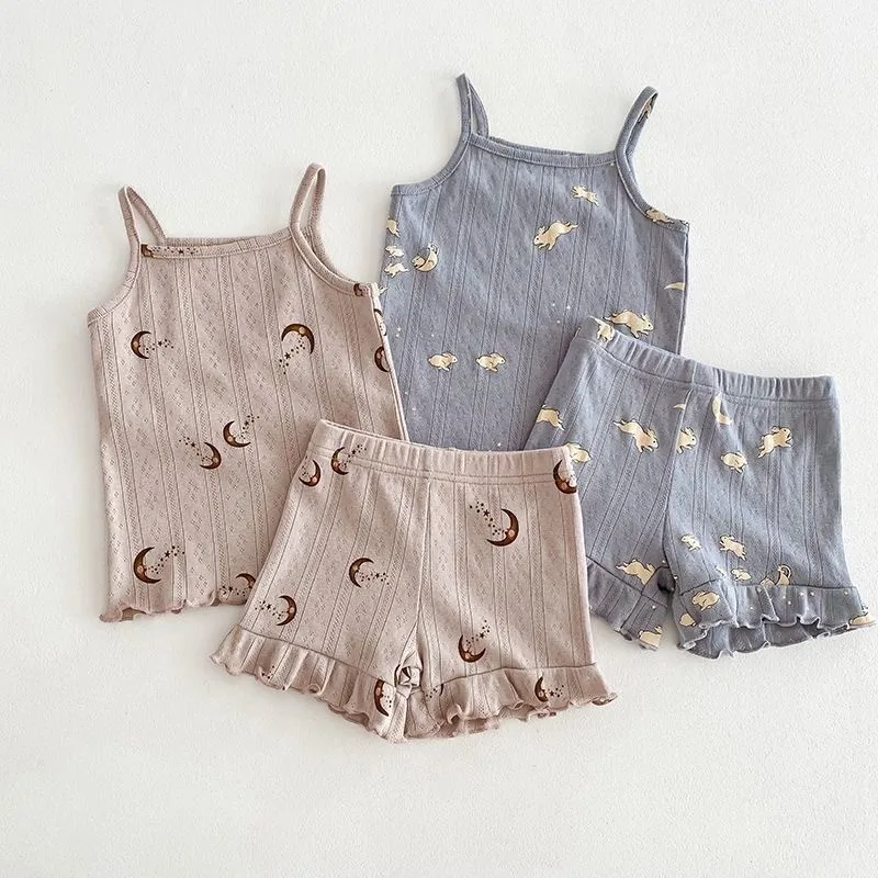 Fashion Baby Girl Cotton Floral Print Clothes Set Strap Vest + Shorts kids clothing set girls clothing set 2PCS Infant Toddler Child Summer Homesuit Baby Clothes 1-10Y