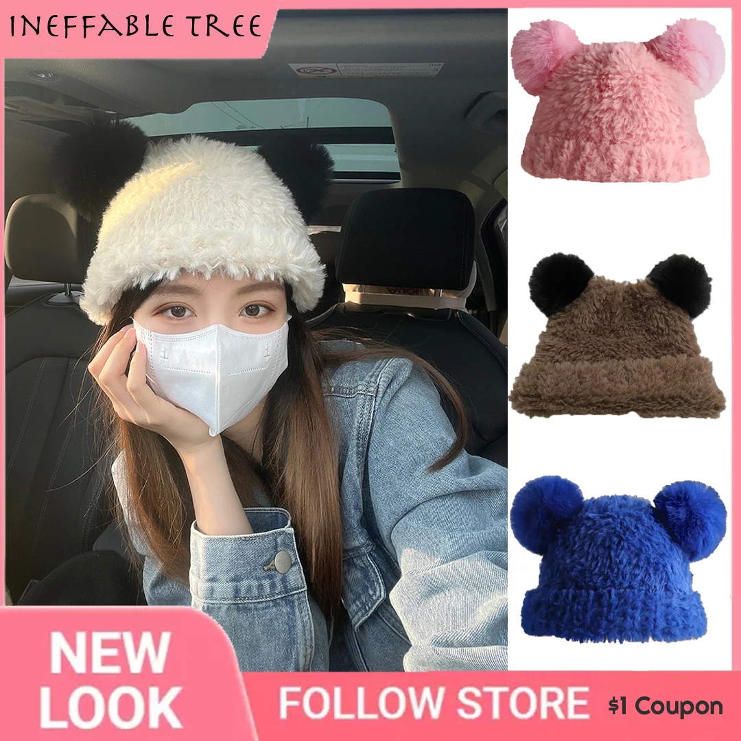

Y2K Winter Soft Warm Beanies Hat Cute Bears Ears Knit Hats Ear Protection Japanese Retro Plush Women's Caps Invierno Niña