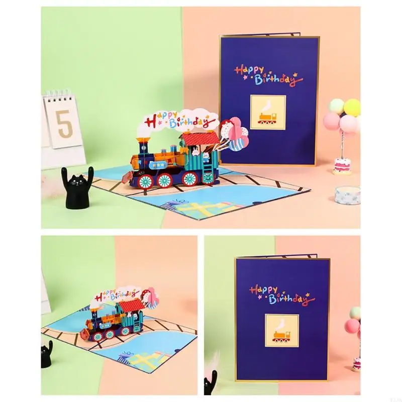 W3JA 3D Train Pop-Up Greeting Cards for Birthday New Year Postcards with Envelope