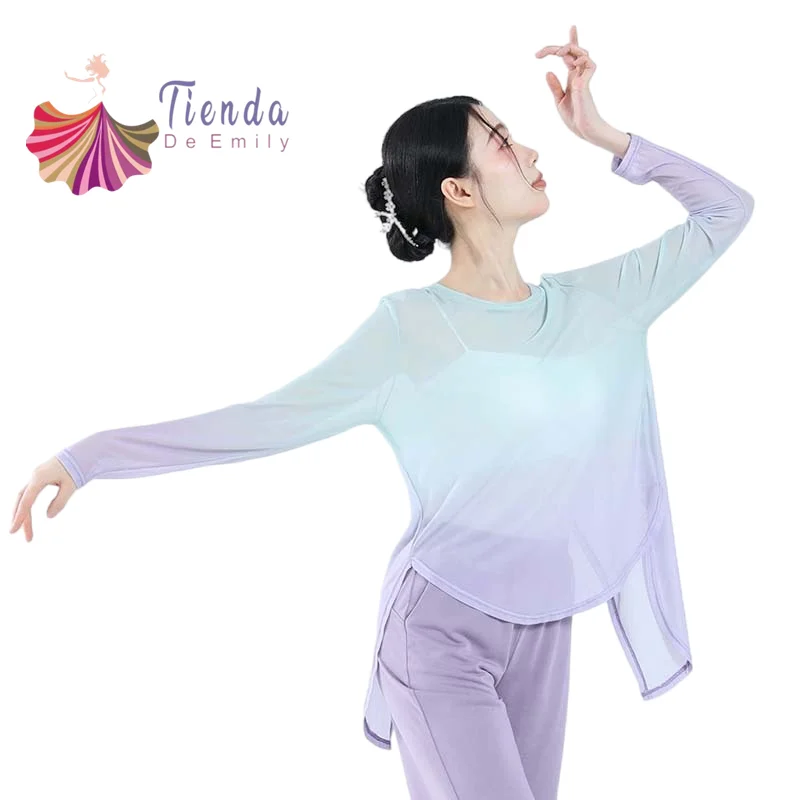 

Chinese Dacing Mesh Top Gradient Color Shirt Bodys Elegantes Transparent Gauze Cover Up Flowy Loose Blouse Rhyme Performance