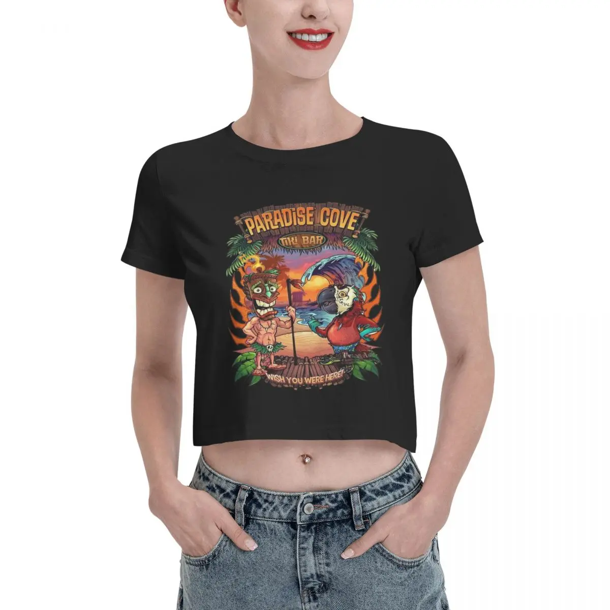 

Футболка с мультяшным рисунком Sam Tiki Bar Trader Sams, женский короткий топ, футболка с пупком