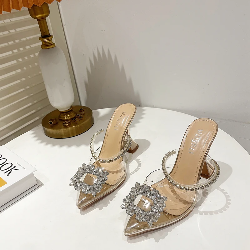 Crystal Cup Heel Transparent PVC Pointed Rhinestone Buckle Women's Slippers Sandals Summer Fashion Pumps Wedding Shoes For Woman