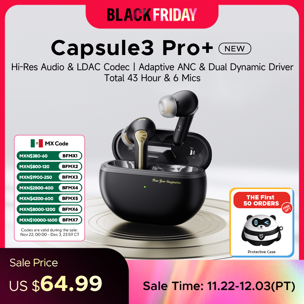 SoundPEATS Capsule3 Pro+ ANC Wireless Earphone Hi-Res Audio Bluetooth 5.3 Earbuds HiFi Stereo Sound with xMEMS Speaker,6 Mic,43H