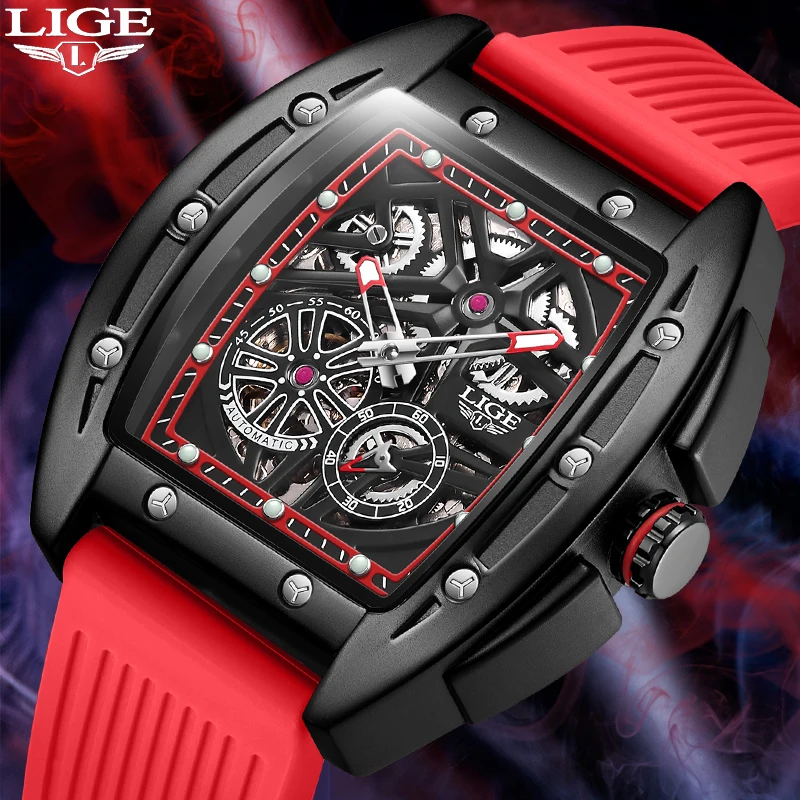 

LIGE Fashion Hollow Design Mens Watches Silicone Strap Luxury Waterproof Automatic Watches Men Mechanical Watches Gift Watch Men