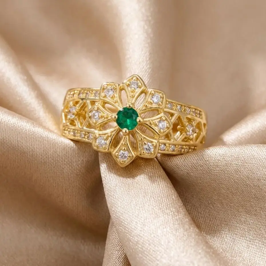 Grüne Kubische Zirkonia Hohle Blumenringe für Frauen Elegante Goldfarbene Geometrische CZ-Ringe Hochzeitstag Schmuck Geschenk
