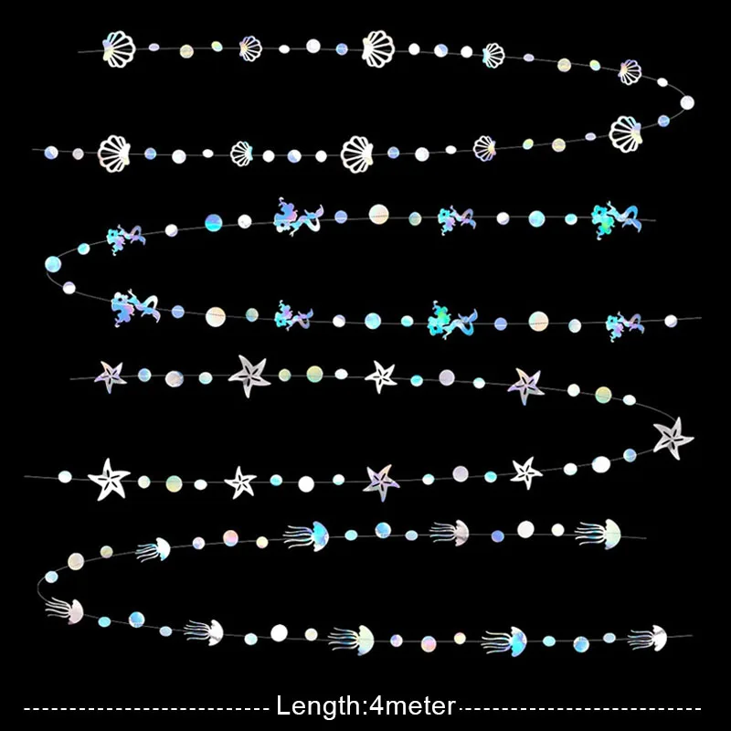 Iridescent Mermaid Birthday Banners Under The Sea Party Hanging Decorations Starfish Jellyfish Paper Garlands Baby Shower Girl