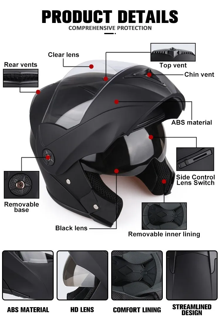 Uchoose Unisex Motorcycle Helmet DOT Certification Double Lens Cross Section Helmet Safety Modular Flip Helm Helmet With Visor