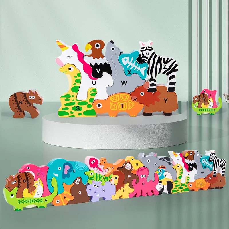 Animal Wooden Jigsaw Puzzle Montessori Kids Cartoon 3D Puzzles Games Baby Early Learning Educational Toys for Children 2