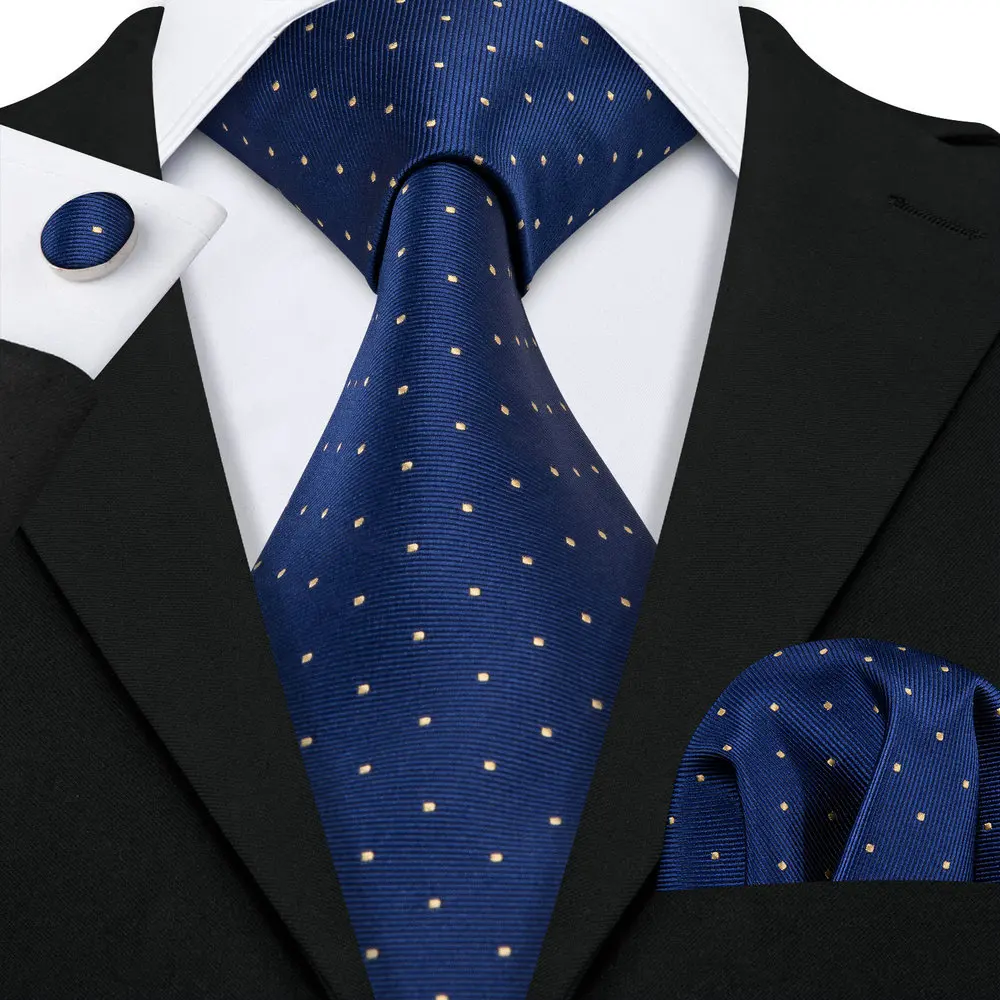 Modische blaue Krawatte für Herren, hochwertige gepunktete gewebte Krawatte mit Einstecktuch und Manschettenknöpfen, Set für Business-Partys, Geschenk, Barry.Wang 5095 – Detail 3