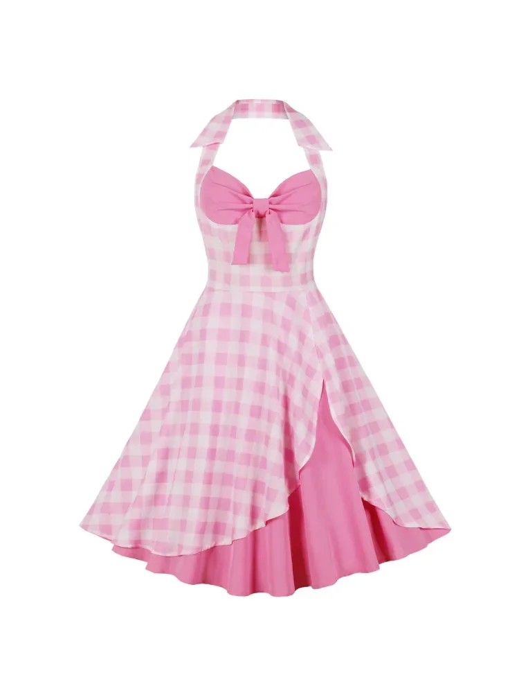 

Женское винтажное платье средней длины, повседневное розовое платье в стиле ретро, с лямкой на шее, открытой спиной, бантом спереди, в клетку, в стиле пэчворк, для выпускного вечера, дня рождения, 2024