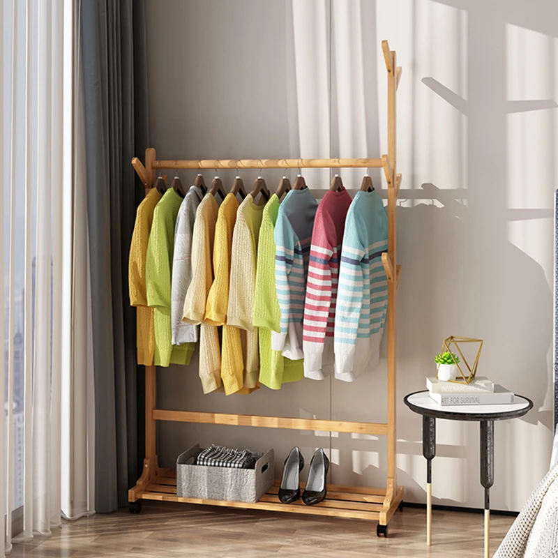 Portable Clothes Racks Mounted Men Bamboo Nordic Single Clothes Rack