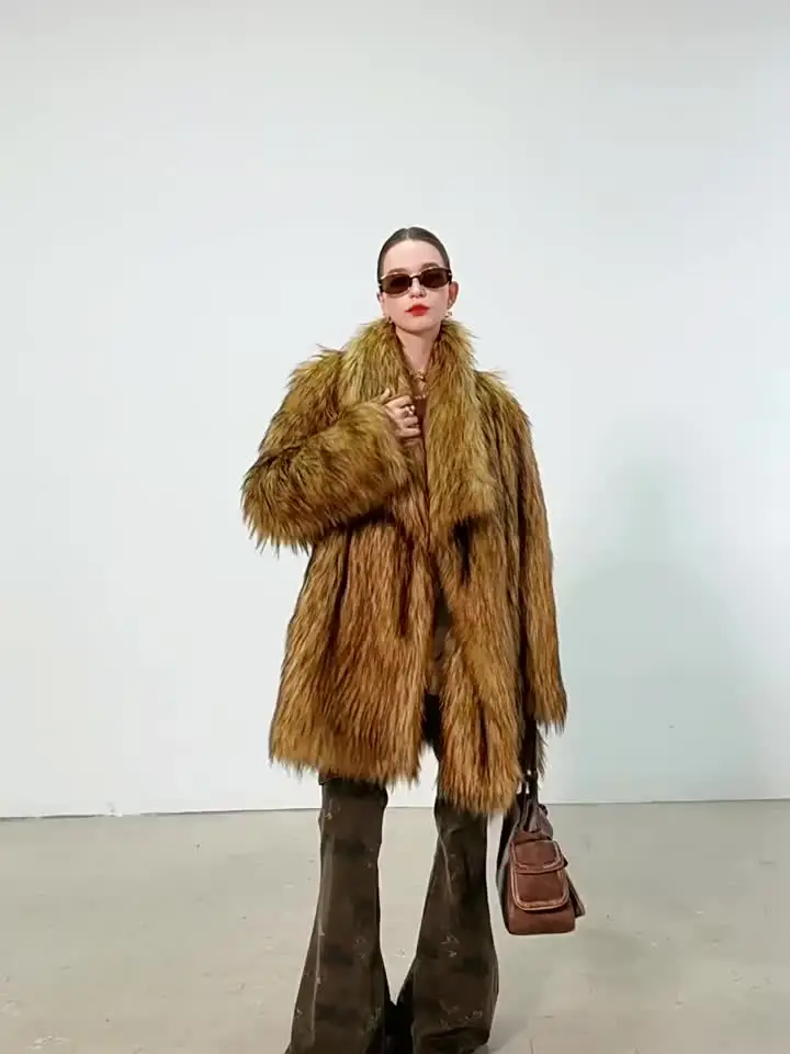 Winter Gradient Gold Brown Long Hairy Shaggy Raccoon Faux Fur Coat