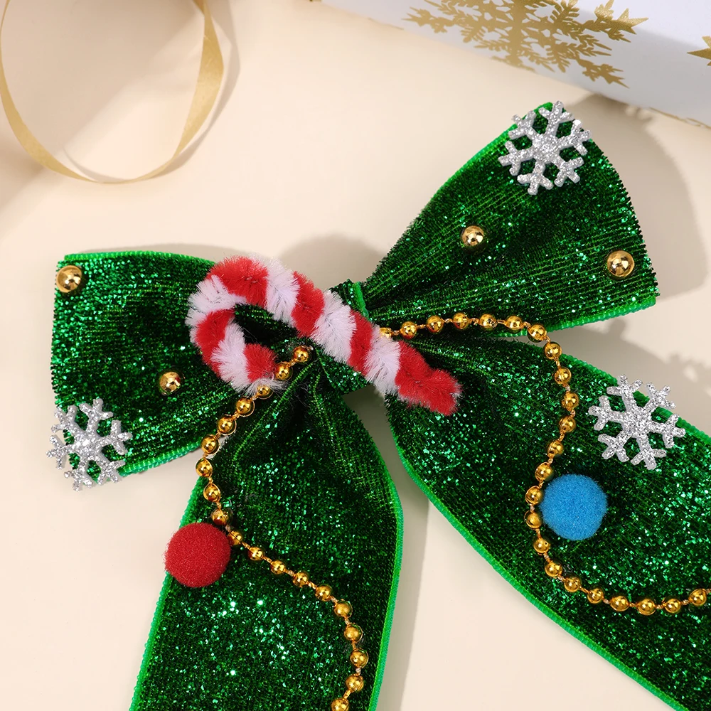 New Year Christmas Bow Hair Clips Christmas Tree Decoration Hairpins Glittery Colorful Pom Poms Barrette For Girls Accessories