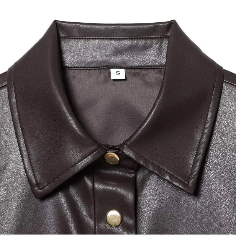 Braune PU-Leder-Hemdjacke für Damen, Reverskragen, Gürtel, Taille, Utility-Taschen, einreihiger Mantel, 2023, Herbst, weiblich, schicke Kleidung – Detail 7