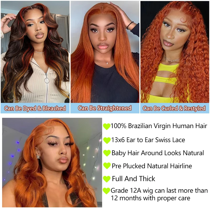 Ginger Orange 13x6 Lace Front Wigs Human Hair 200% Density Body Wave Wig 350 Colored Human Hair Wig Pre Plucked 4