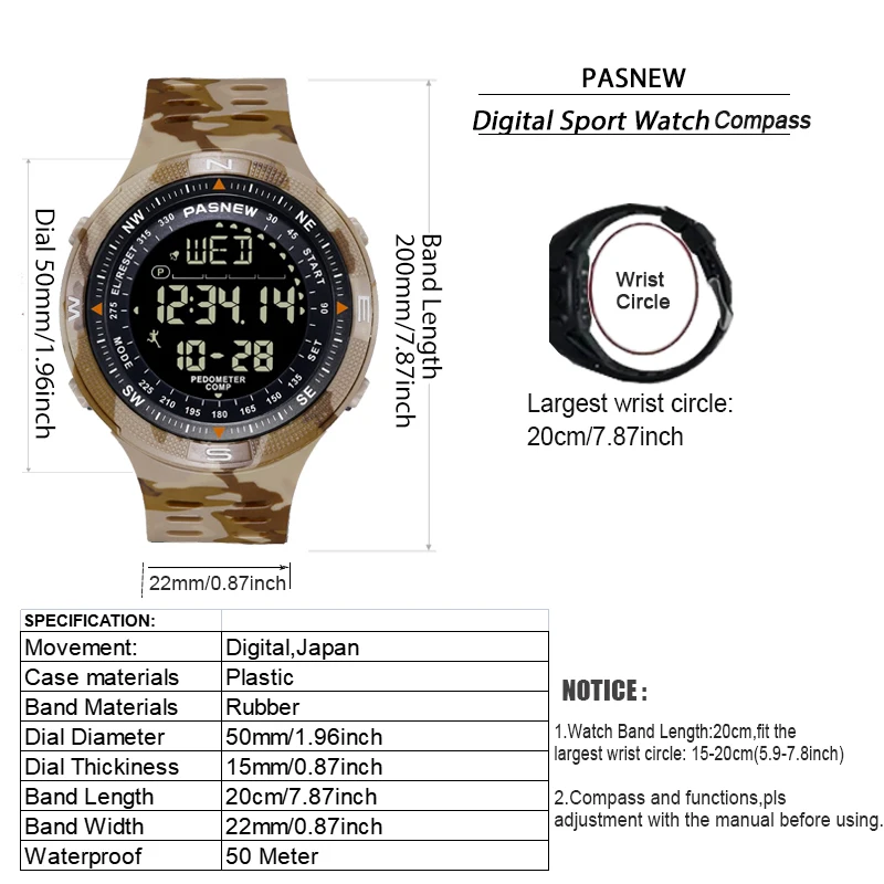 Military Compass Watch Men Digital Pedometer Waterproof Electronic Hand Clock Boy Camouflage Submersible Sport Wristwatch Male images - 6