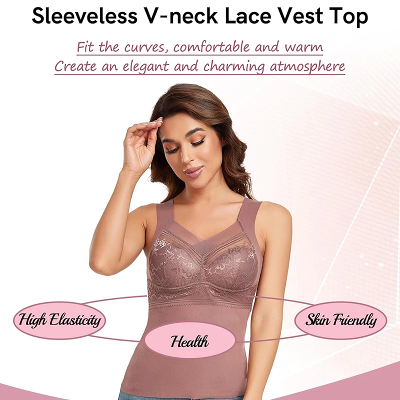 Camiseta sin mangas térmica para mujer, ropa interior cálida para clima frío, chaleco con sujetador incorporado, camisola de encaje, Tops suaves debajo de la ropa