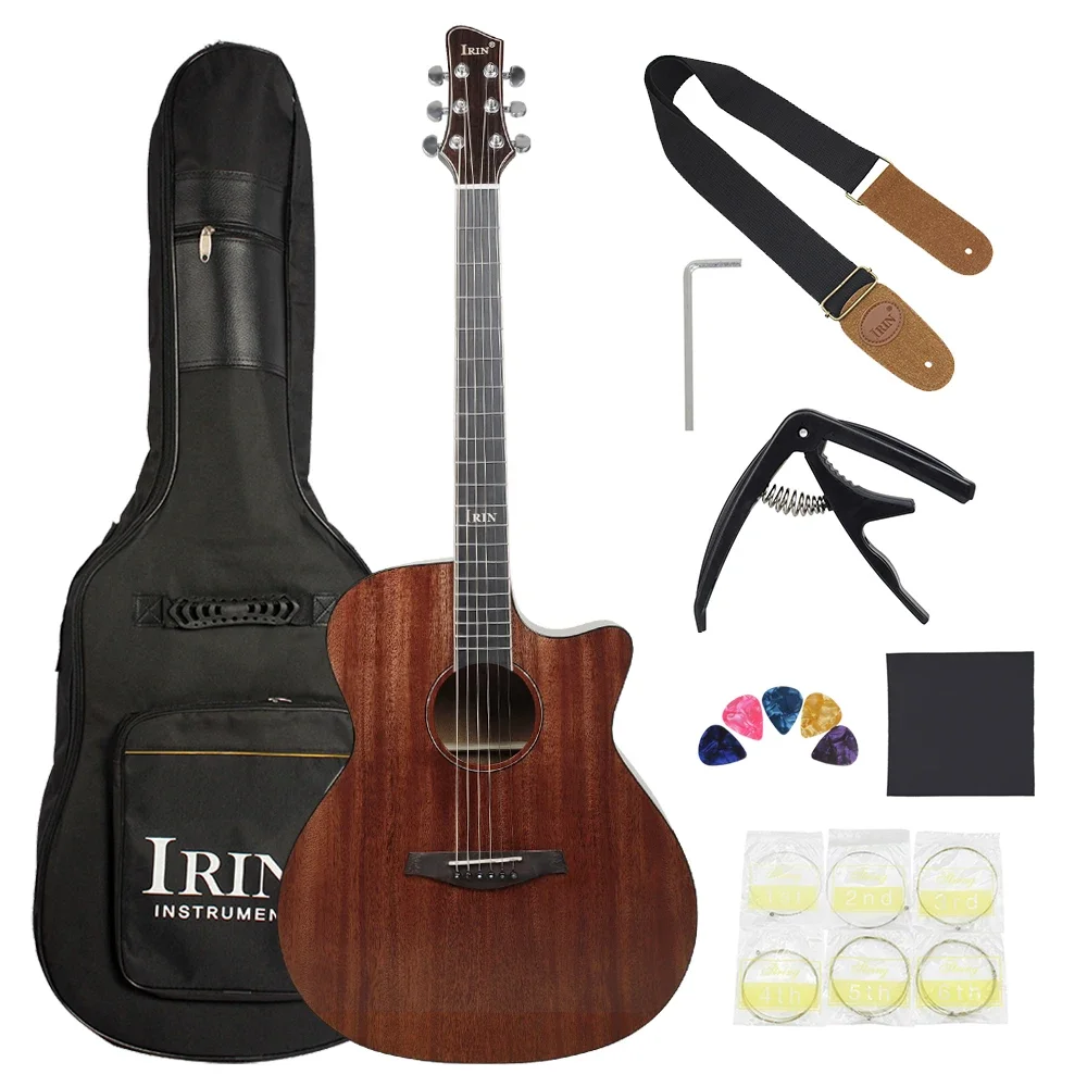 IRIN 마호가니 바디 메이플 넥 포크 기타, 40 인치 어쿠스틱 기타, 6 현 20 프렛 초보자, 기타 가방 스트랩, 카포 픽 
