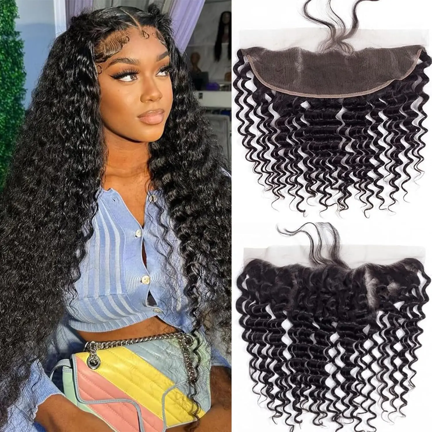 Lace Frontal Closure Deep Wave 13x4 Ear to Ear Frontal HD Lace Brazilian Curly Virgin Human Hair 150% Density Natural Black