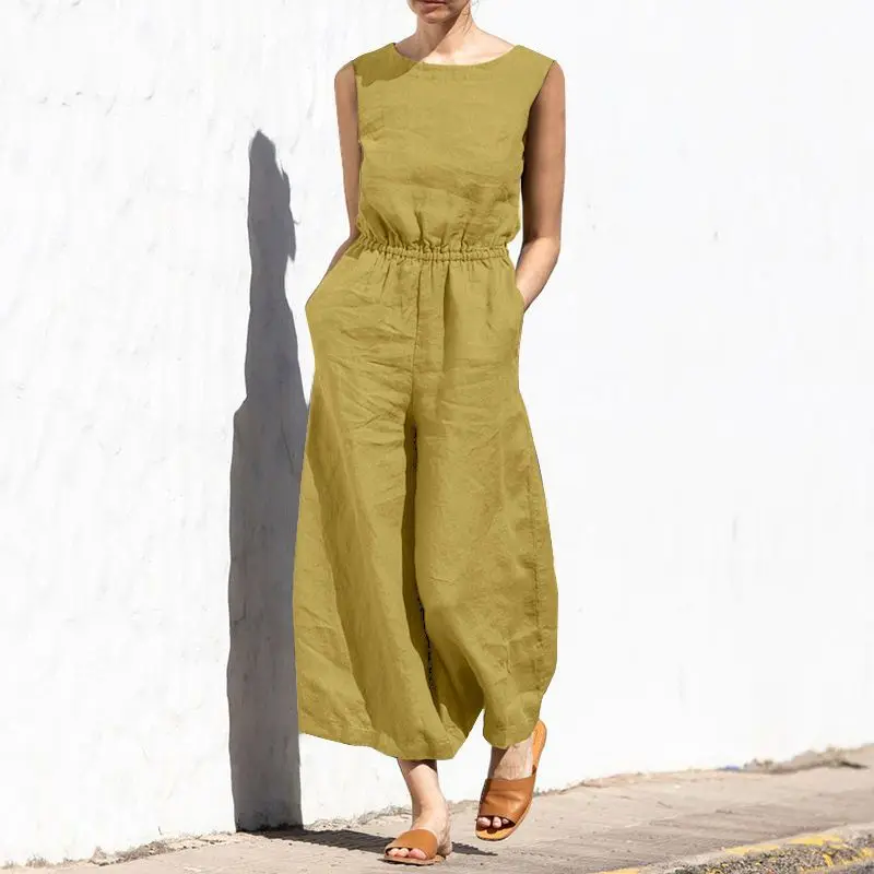 2024 New Summer Fashion Vintage Cotton Linen Sleeveless Wide Leg Jumpsuits Casual Streetwear Solid Loose Pockets Rompers Outfits