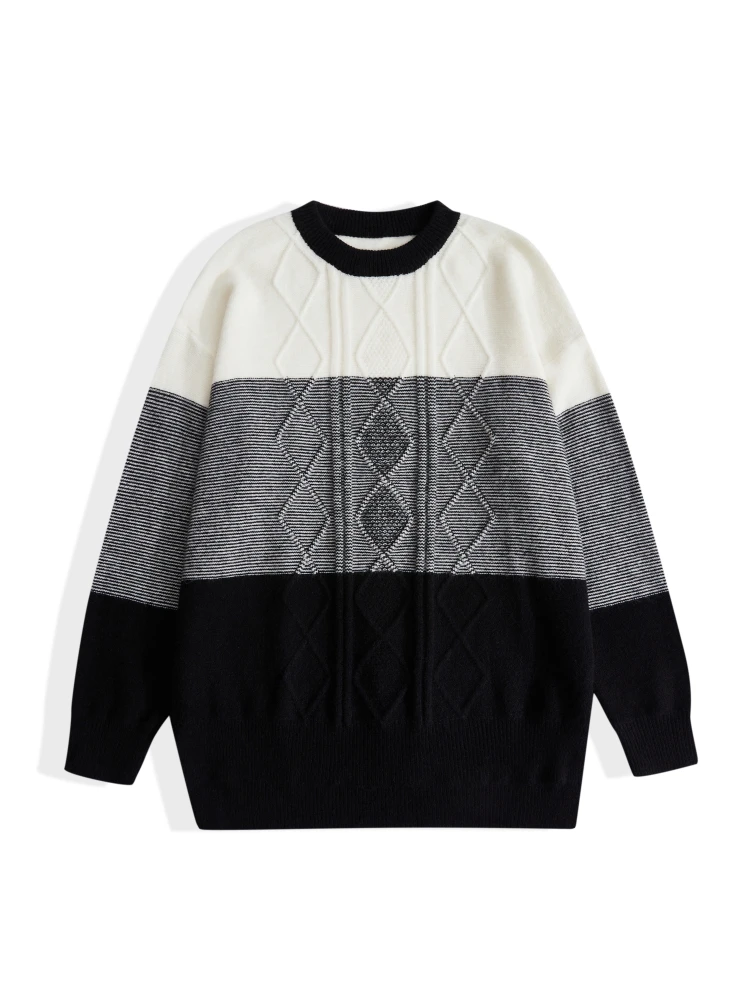 

ONELINK Black Grey White Wide Strips Woolen Plus Size Women Autumn Winter Pullover Sweater O-Neck Oversize Knitwear Clothing