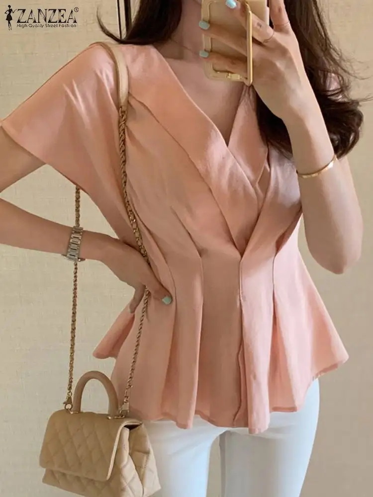 

ZANZEA Korean Fashion Women Blouses Dolman Sleeve Cinched Waist Smock Tops Casual Solid Streetwear Blusas V Neck Pleated Shirts