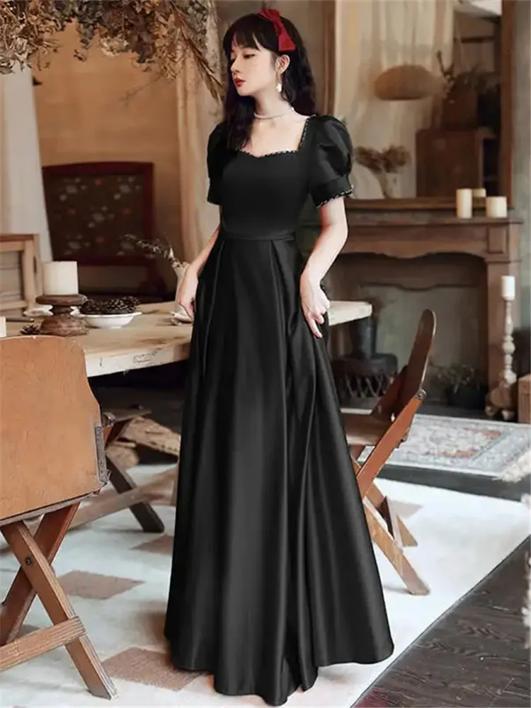 

French Dress Spring Summer Elegant Solid Color Nailed Beaded Square Collar Short Sleeve Long A-line Skirt Women's Clothing M309